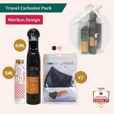 ESTA [XMAS GIFT] Travel Exclusive Merlion Bundle Packset consists Pocket Hand Sanitiser 15ml + Surface Disinfectant Spray 80ml + Ultramask Antiviral Reusable Facemask 2s