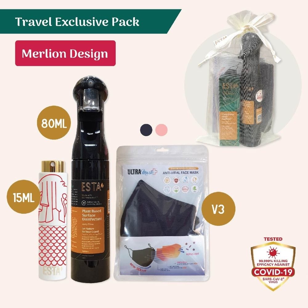 [XMAS GIFT] Travel Exclusive Merlion Bundle Packset consists Pocket Hand Sanitiser 15ml + Surface Disinfectant Spray 80ml + Ultramask Antiviral Reusable Facemask 2s