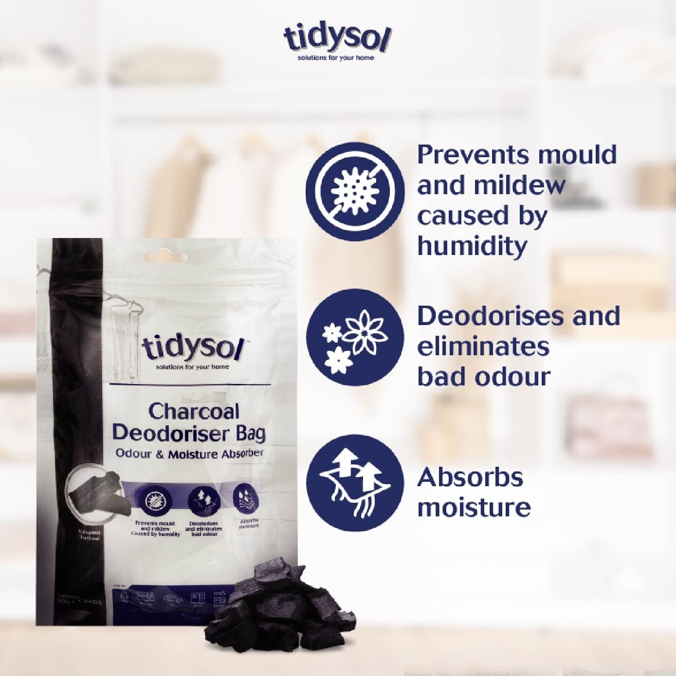 Tidysol Charcoal Deodoriser Bag (Odour and Moisture Absorber) 50g x 4s<BR>