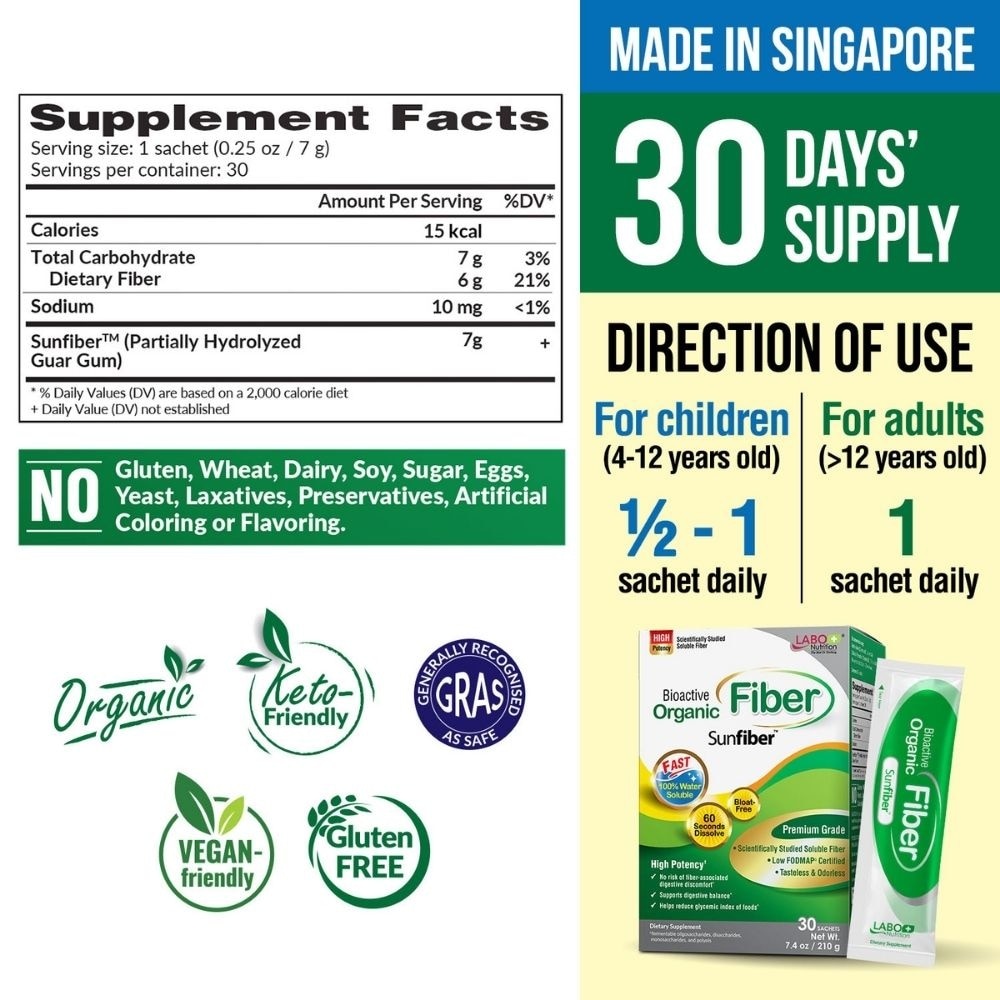 Bioactive Organic Fiber Bloat-Free Prebiotic Digestive Support Sachets (Digestion, Bowel Regularity, Gut Health, Weight, Slimming, Diarrhea and Constipation) 30s