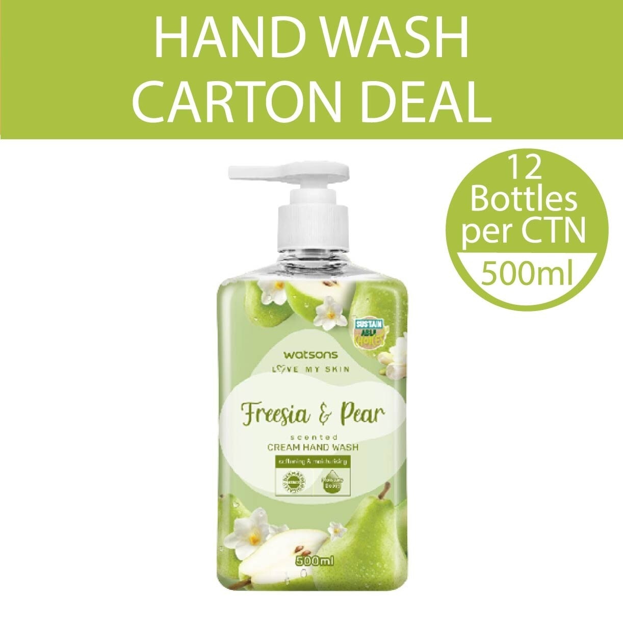 Freesia & Pear Scented Cream Hand Wash (Softening & Moisturising, Dermatologically Tested) 500ml X 12 Bottles Per Carton