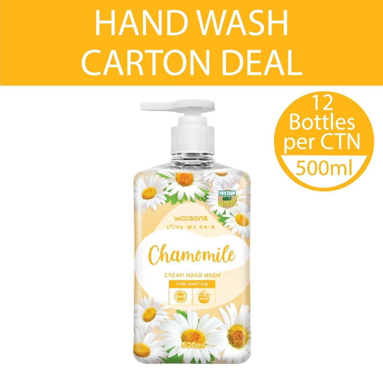 Chamomile  Cream Hand Wash (Mild Soothing, Dermatologically Tested) 500ml X 12 Bottles Per Carton