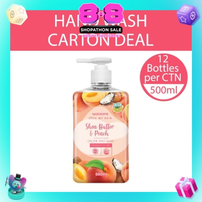 WATSONS - Shea Butter & Peach Scented Cream Hand Wash (Softening & Moisturising, Dermatologically Tested) 500ml X 12 Bottles Per Carton