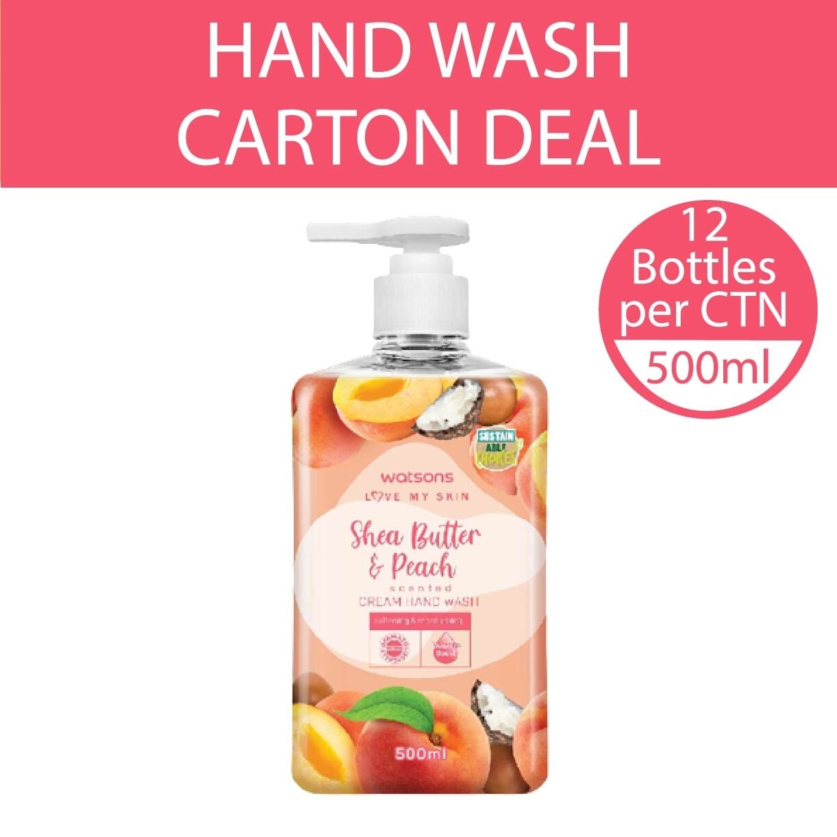 Shea Butter & Peach Scented Cream Hand Wash (Softening & Moisturising, Dermatologically Tested) 500ml X 12 Bottles Per Carton