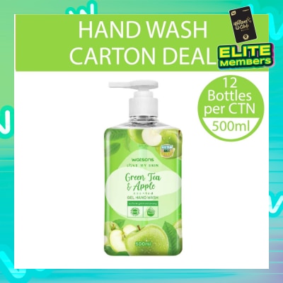 WATSONS Green Tea & Apple Scented Gel Hand Wash (Softening & Moisturising, Dermatologically Tested) 500ml X 12 Bottles Per Carton