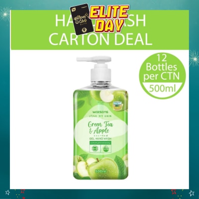 WATSONS - Green Tea & Apple Scented Gel Hand Wash (Softening & Moisturising, Dermatologically Tested) 500ml X 12 Bottles Per Carton