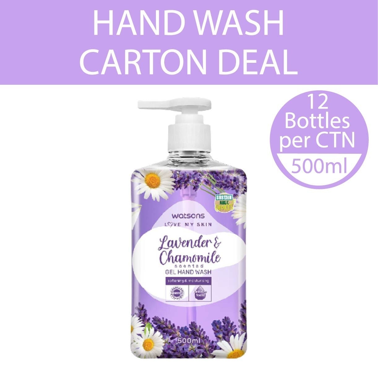 Lavender & Chamomile Scented Cream Hand Wash (Softening & Moisturising, Dermatologically Tested) 500ml X 12 Bottles Per Carton