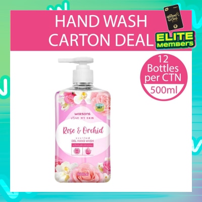 WATSONS Rose & Orchid Scented Gel Hand Wash (Softening & Moisturising, Dermatologically Tested) 500ml X 12 Bottles Per Carton