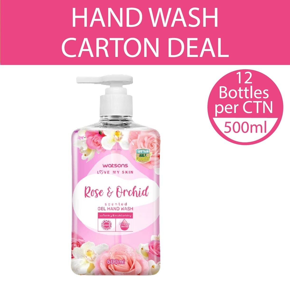 Rose & Orchid Scented Gel Hand Wash (Softening & Moisturising, Dermatologically Tested) 500ml X 12 Bottles Per Carton