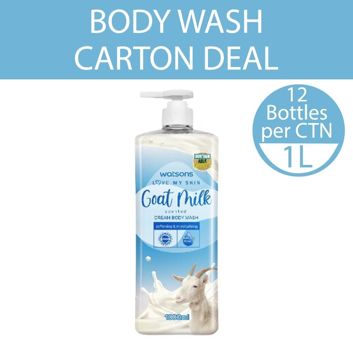 Goat Milk Scented Cream Body Wash (Softening And Moisturising, Dermatologically Tested) 1000ml X 12 Bottles Per Carton