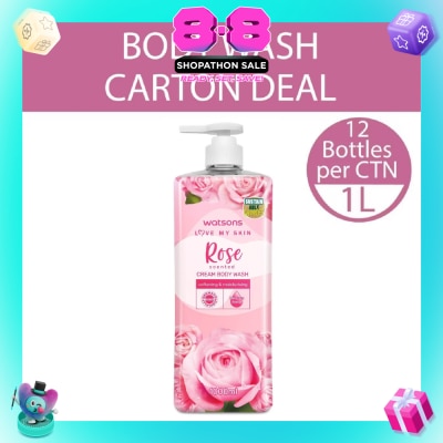 WATSONS - Rose Scented Cream Body Wash (Softening And Moisturising, Dermatologically Tested) 1000ml X 12 Bottles Per Carton