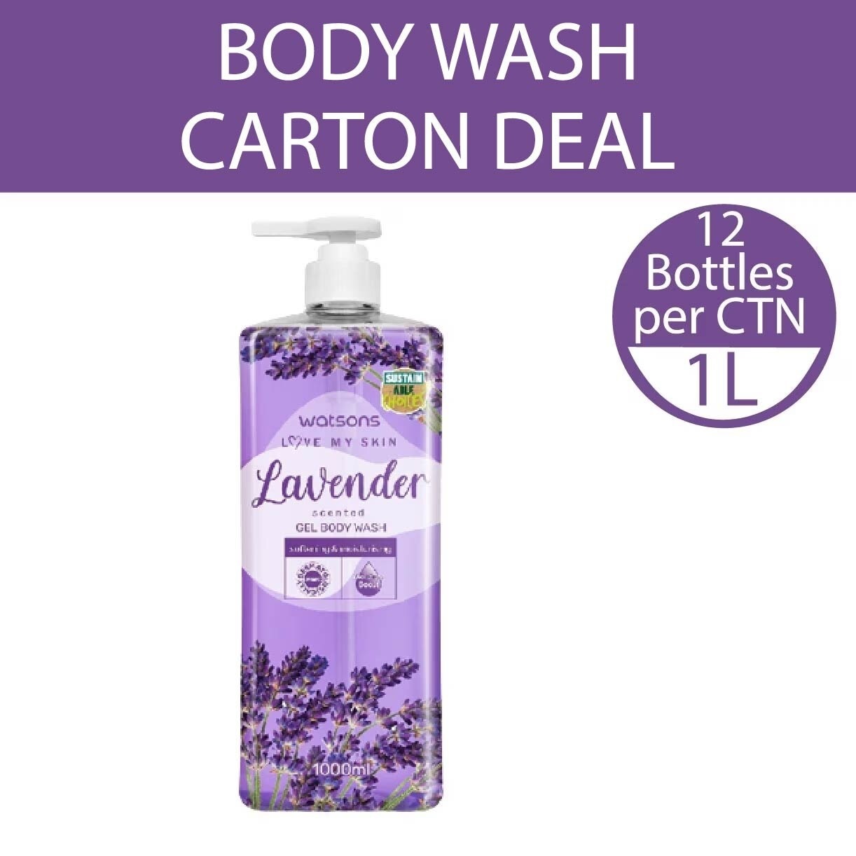 Lavender Scented Gel Body Wash (Softening And Moisturising, Dermatologically Tested) 1000ml X 12 Bottles Per Carton