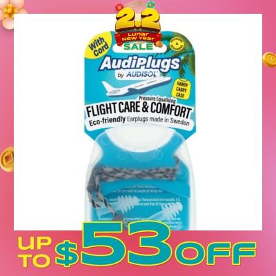 AUDIPLUGS Flight Care & Comfort Eco-Friendly Earplug Pair (With Cord & Handy Carry Case) 1s