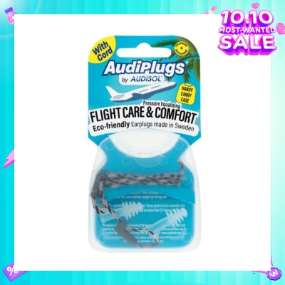 AUDIPLUGS Flight Care & Comfort Eco-Friendly Earplug Pair (With Cord & Handy Carry Case) 1s
