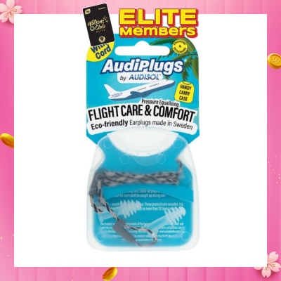 AUDIPLUGS Flight Care & Comfort Eco-Friendly Earplug Pair (With Cord & Handy Carry Case) 1s