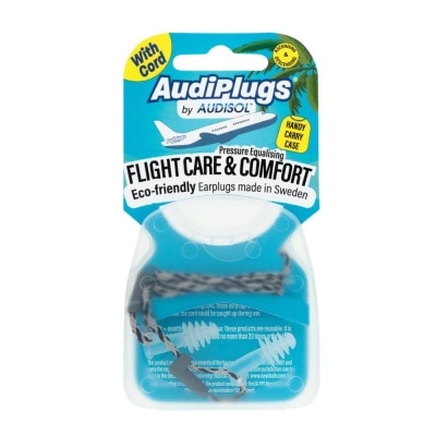 AUDIPLUGS Flight Care & Comfort Eco-Friendly Earplug Pair (With Cord & Handy Carry Case) 1s