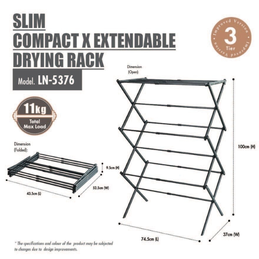 Compact X Extendable Drying Rack Black (Three-tier rack + 11 drying rods) 1s