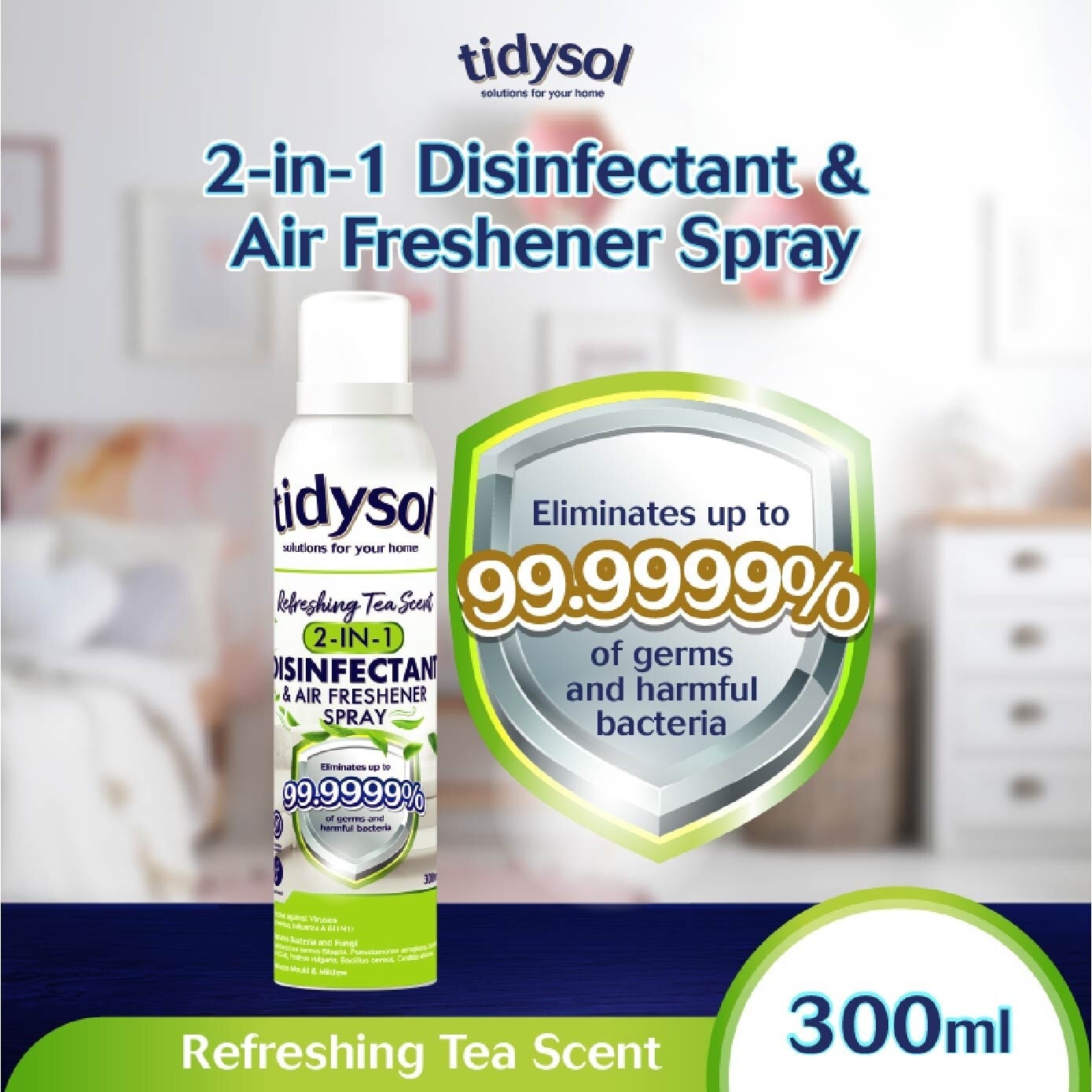 Tidysol Refreshing Tea Scent 2-in-1 Disinfectant & Air Freshener Spray 300ml (Kills up to 99.9999% germs)