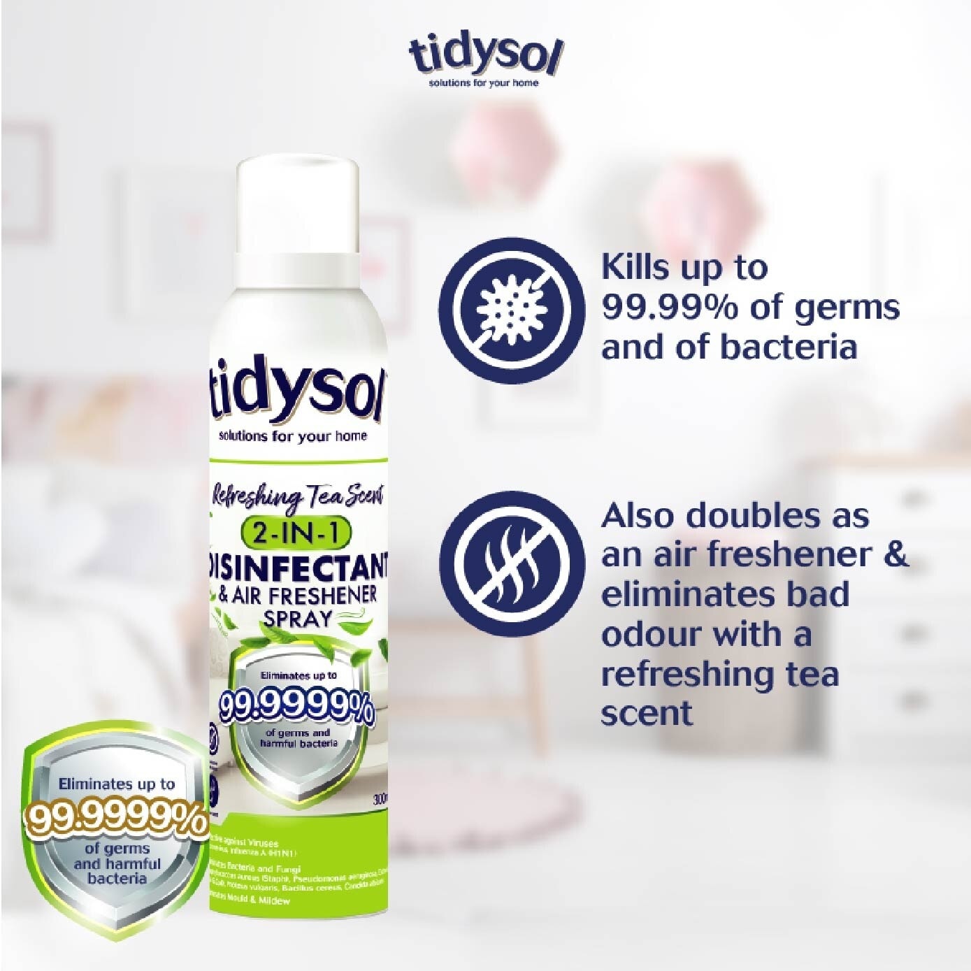 Tidysol Refreshing Tea Scent 2-in-1 Disinfectant & Air Freshener Spray 300ml (Kills up to 99.9999% germs)