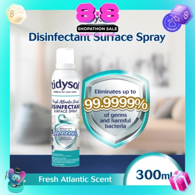 TIDYSOL - Fresh Atlantic Scent Disinfectant Spray (Kills up to 99.9999% germs + 30 days Antimicrobial Film, Pet friendly, Non-toxic) 300ml