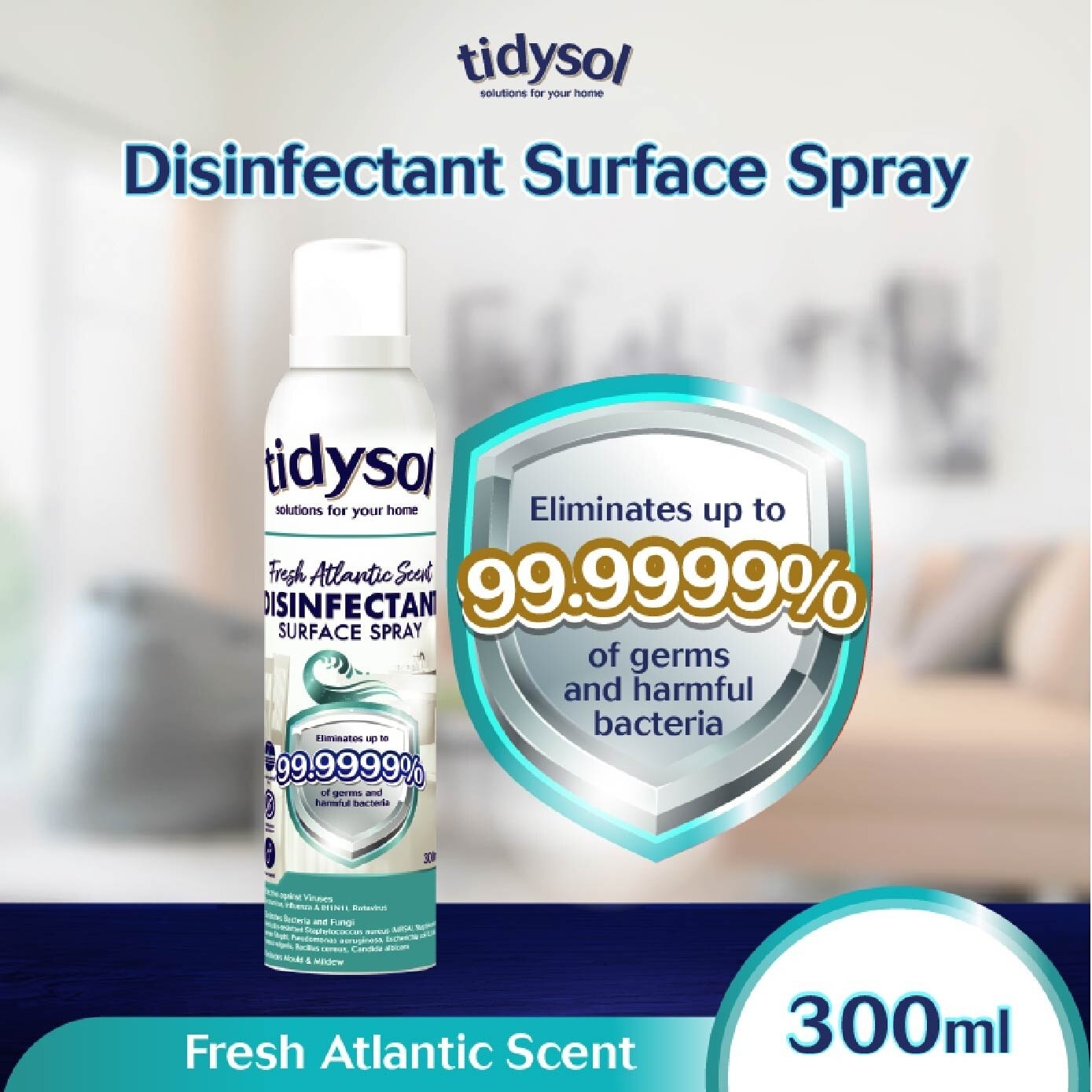 Tidysol Fresh Atlantic Scent Disinfectant Spray 300ml (Kills up to 99.9999% germs + 30 days Antimicrobial Film)