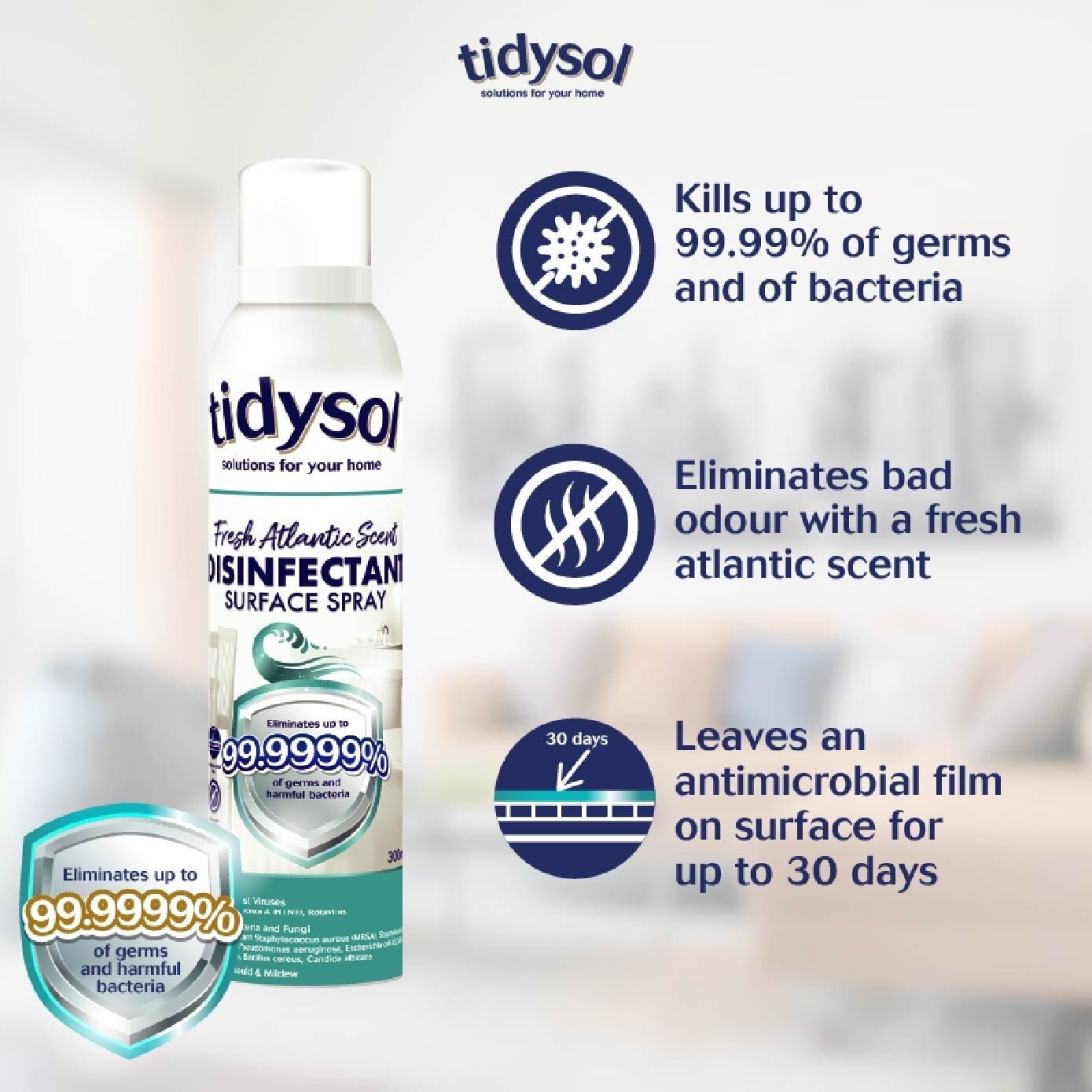 Tidysol Fresh Atlantic Scent Disinfectant Spray 300ml (Kills up to 99.9999% germs + 30 days Antimicrobial Film)