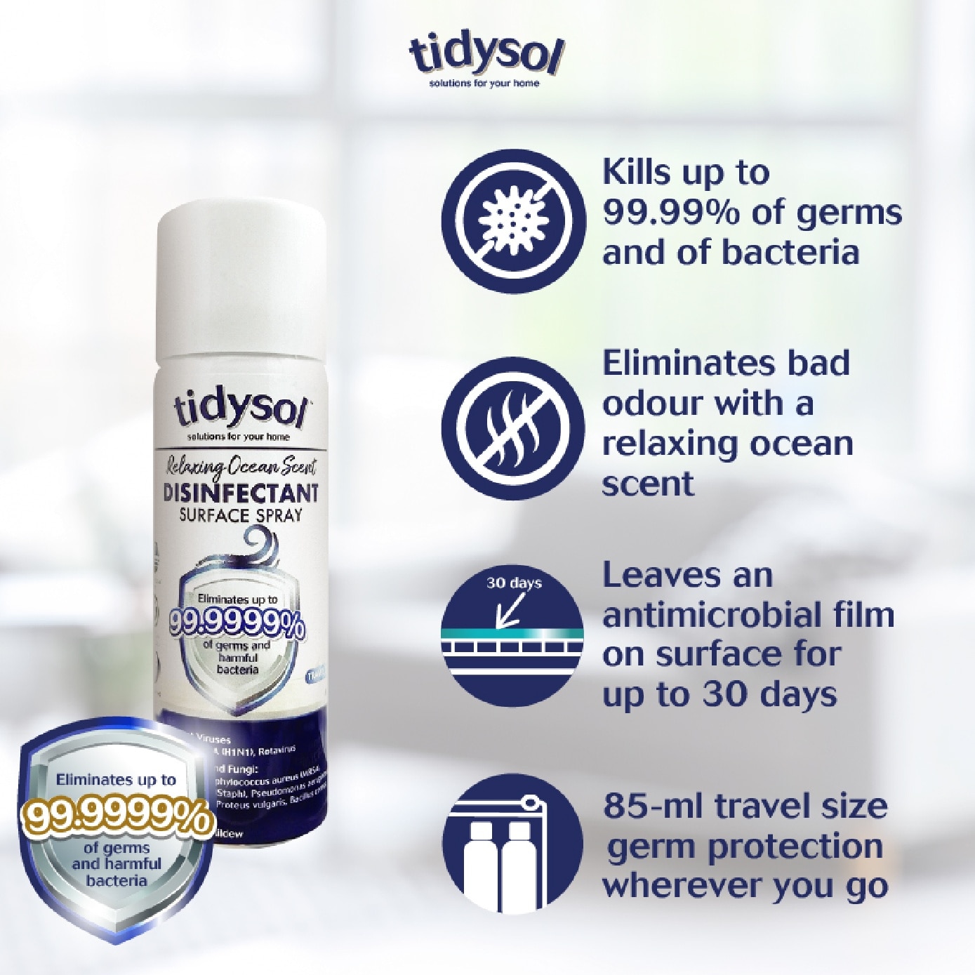 Fresh Ocean Scent Disinfectant Spray (Kills up to 99.9999% germs + 30 days Antimicrobial Film, Pet-friendly, Non-toxic) 85ml