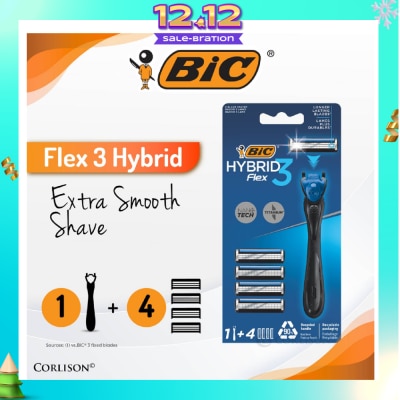 BIC Flex 3 Hybrid Disposable Shaver consists Handle 1s + Nano Tech Blade 4s