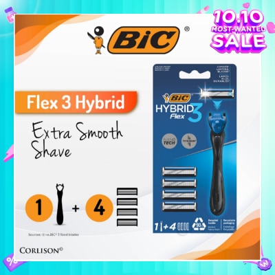BIC Flex 3 Hybrid Disposable Shaver consists Handle 1s + Nano Tech Blade 4s
