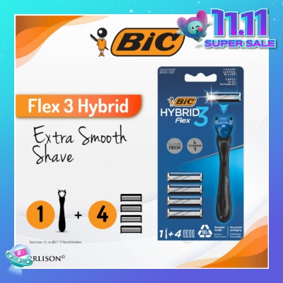 BIC Flex 3 Hybrid Disposable Shaver consists Handle 1s + Nano Tech Blade 4s