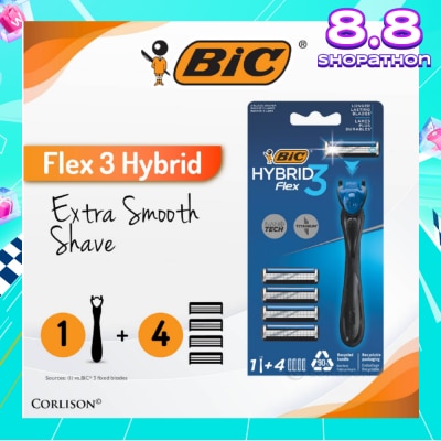 BIC Flex 3 Hybrid Disposable Shaver consists Handle 1s + Nano Tech Blade 4s