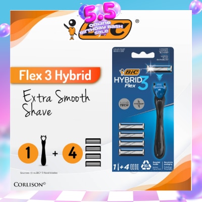 BIC - Flex 3 Hybrid Disposable Shaver consists Handle 1s + Nano Tech Blade 4s