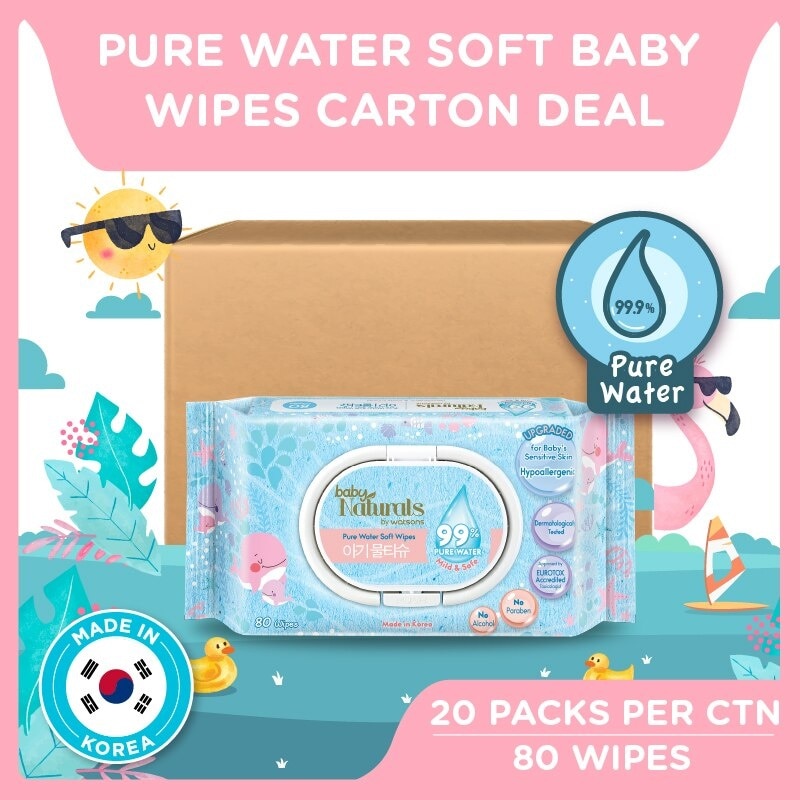 Baby Naturals Pure Water Soft Wipes (99% Pure Water + Mild & Safe) 80s x 20packs