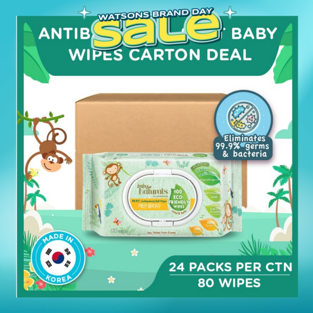Baby Naturals 100% Eco-Friendly Wipes (99% Antibacterial Soft Wipes + Mild & Safe) 80s x 24 packs