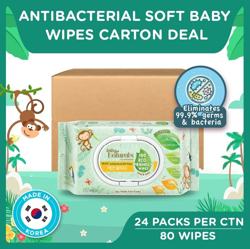 Baby Naturals 100% Eco-Friendly Wipes (99% Antibacterial Soft Wipes + Mild & Safe) 80s x 24 packs