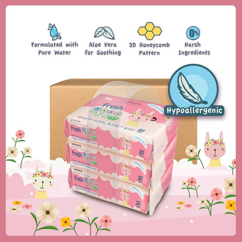 Watsons Hypoallergenic Fresh Baby Wipes 20s x 3 x 16 packs(For Sensitive Skin)