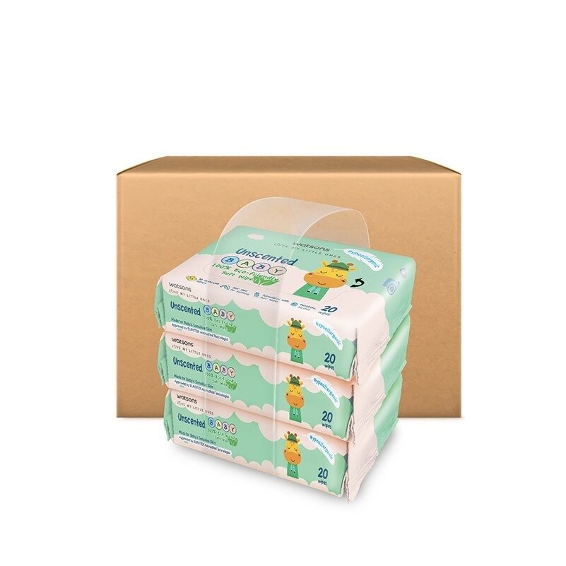 Unscented Baby Wipes 100% Eco-Friendly Soft Wipes Hypoallergenic (Made For Baby's Sensitive Skin + Approved By Eurotox Accredited Toxicologist) 20s x 3 packs x 16 packs (per carton)