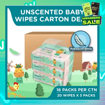 WATSONS Unscented Baby Wipes 100% Eco-Friendly Soft Wipes Hypoallergenic (Made For Baby's Sensitive Skin + Approved By Eurotox Accredited Toxicologist) 20s x 3 packs x 16 packs (per carton)