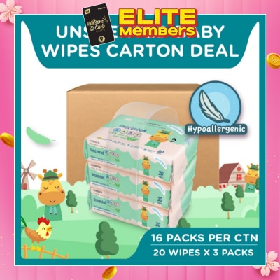 WATSONS Unscented Baby Wipes 100% Eco-Friendly Soft Wipes Hypoallergenic (Made For Baby's Sensitive Skin + Approved By Eurotox Accredited Toxicologist) 20s x 3 packs x 16 packs (per carton)