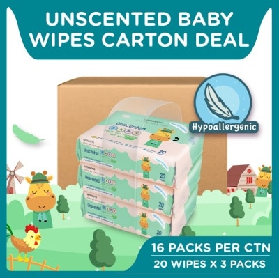 WATSONS Unscented Baby Wipes 100% Eco-Friendly Soft Wipes Hypoallergenic (Made For Baby's Sensitive Skin + Approved By Eurotox Accredited Toxicologist) 20s x 3 packs x 16 packs (per carton)