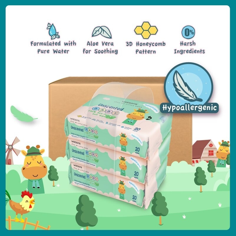 Unscented Baby Wipes 100% Eco-Friendly Soft Wipes Hypoallergenic (Made For Baby's Sensitive Skin + Approved By Eurotox Accredited Toxicologist) 20s x 3 packs x 16 packs (per carton)