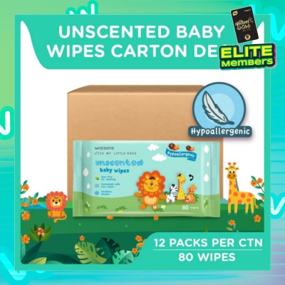 WATSONS Unscented Baby Wipes Hypoallergenic (Made For Baby's Sensitive Skin + Approved By Eurotox Accredited Toxicologist) 80s X 12 Packs (per carton)