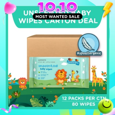 WATSONS Unscented Baby Wipes Hypoallergenic (Made For Baby's Sensitive Skin + Approved By Eurotox Accredited Toxicologist) 80s X 12 Packs (per carton) image