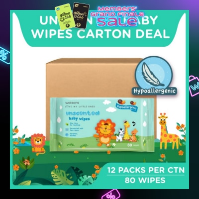 WATSONS Unscented Baby Wipes Hypoallergenic (Made For Baby's Sensitive Skin + Approved By Eurotox Accredited Toxicologist) 80s X 12 Packs (per carton)
