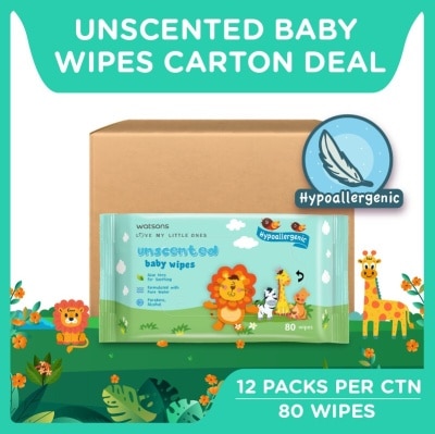 WATSONS Unscented Baby Wipes Hypoallergenic (Made For Baby's Sensitive Skin + Approved By Eurotox Accredited Toxicologist) 80s X 12 Packs (per carton)