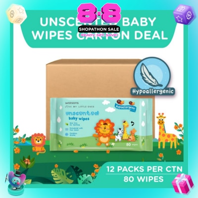 WATSONS - Unscented Baby Wipes Hypoallergenic (Made For Baby's Sensitive Skin + Approved By Eurotox Accredited Toxicologist) 80s X 12 Packs (per carton)