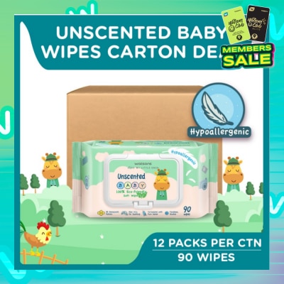 WATSONS Unscented  Baby Wipes 100% Eco-Friendly Soft Wipes Hypoallergenic (Made For Baby's Sensitive Skin + Approved By Eurotox Accredited Toxicologist) 90s X 12 Packs (per carton)