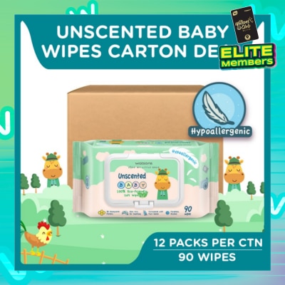 WATSONS Unscented  Baby Wipes 100% Eco-Friendly Soft Wipes Hypoallergenic (Made For Baby's Sensitive Skin + Approved By Eurotox Accredited Toxicologist) 90s X 12 Packs (per carton)