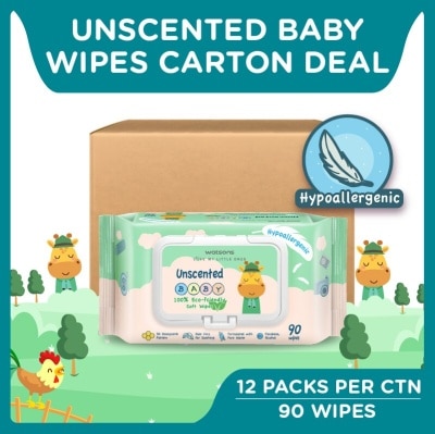 WATSONS Unscented  Baby Wipes 100% Eco-Friendly Soft Wipes Hypoallergenic (Made For Baby's Sensitive Skin + Approved By Eurotox Accredited Toxicologist) 90s X 12 Packs (per carton)