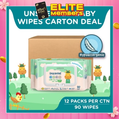 WATSONS Unscented  Baby Wipes 100% Eco-Friendly Soft Wipes Hypoallergenic (Made For Baby's Sensitive Skin + Approved By Eurotox Accredited Toxicologist) 90s X 12 Packs (per carton)